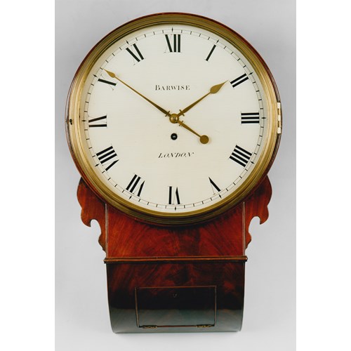 19TH CENTURY ANTIQUE REGENCY MAHOGANY DROP DIAL WALL CLOCK BY BARWISE OF LONDON
